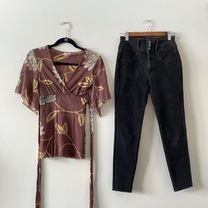 Lowered! 💥 Women’s Brown+Tan Floral Wrap Blouse